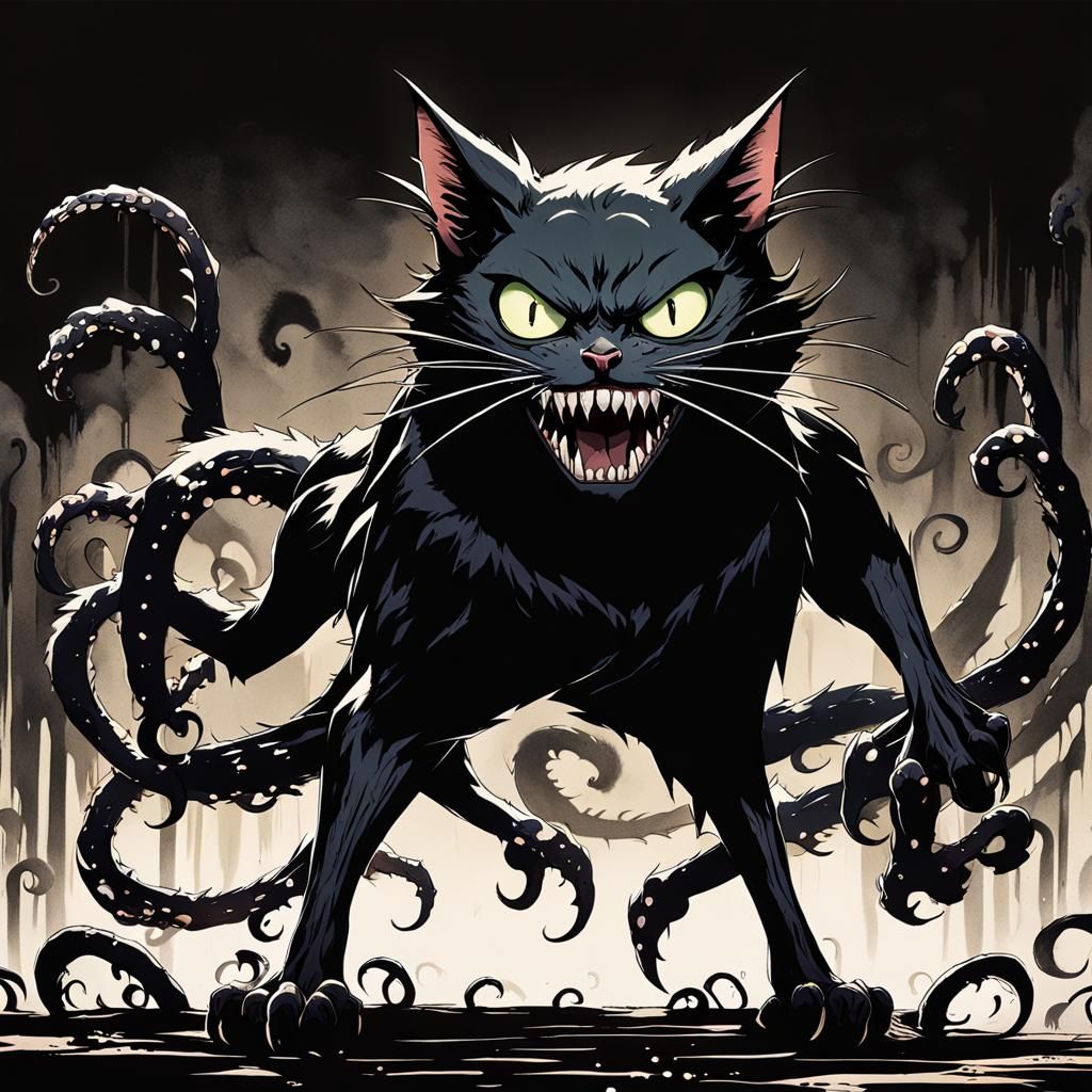 a humanoid black cat with razor sharp teeth and black eyes with black tentacles coming out from behind it, with an evil ...