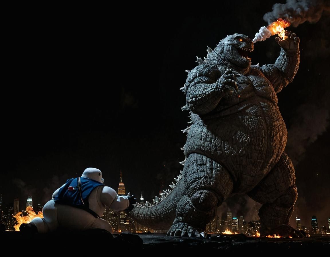 Godzilla vs. Stay Puft in Comic Book Style