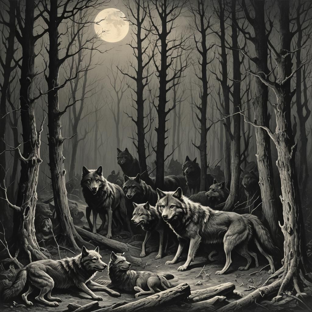 Night Forest with Wolves in Engraving Style
