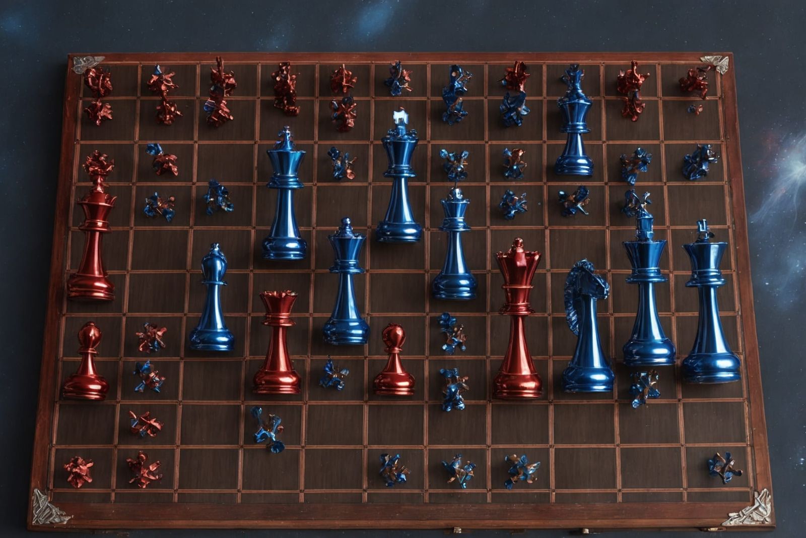Chess Game in Space with Metal Pieces