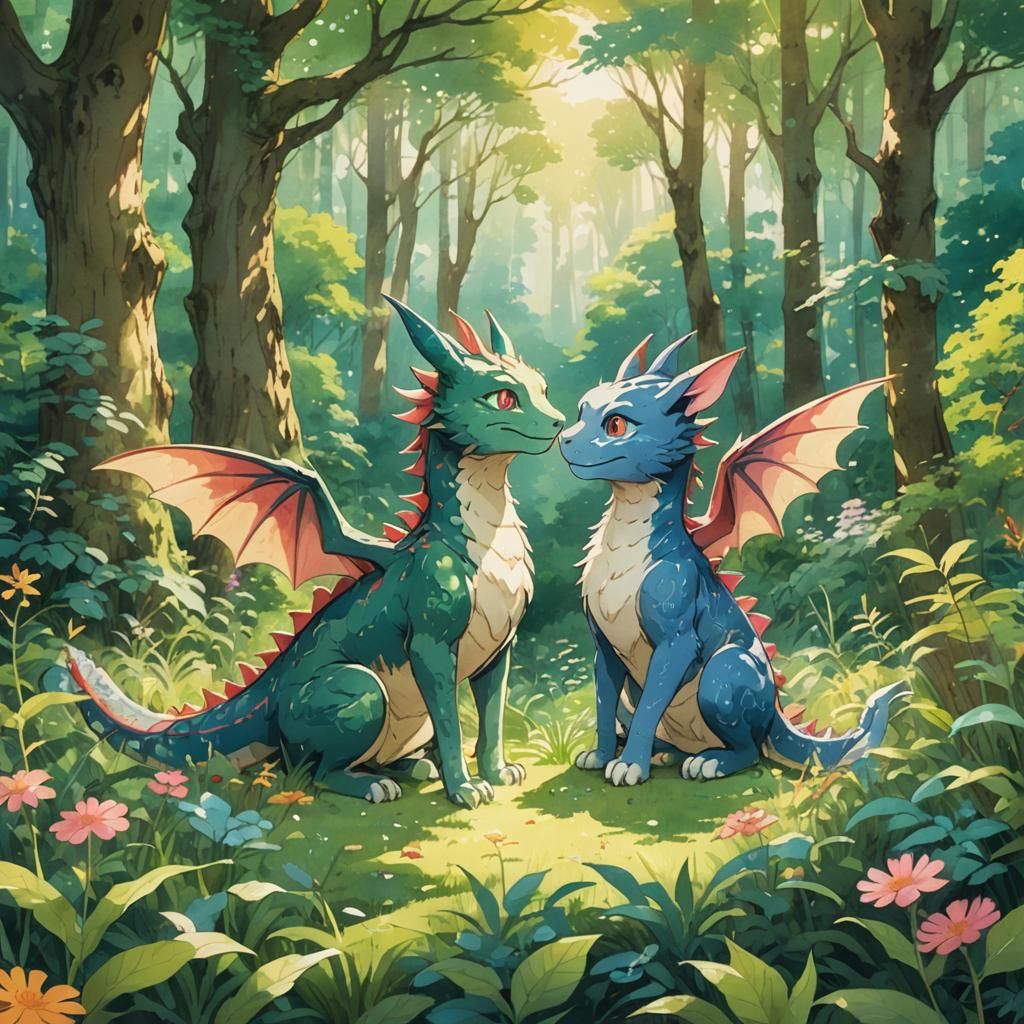 Enchanting Anime Catdragon and Dogdragon in Forest Glade