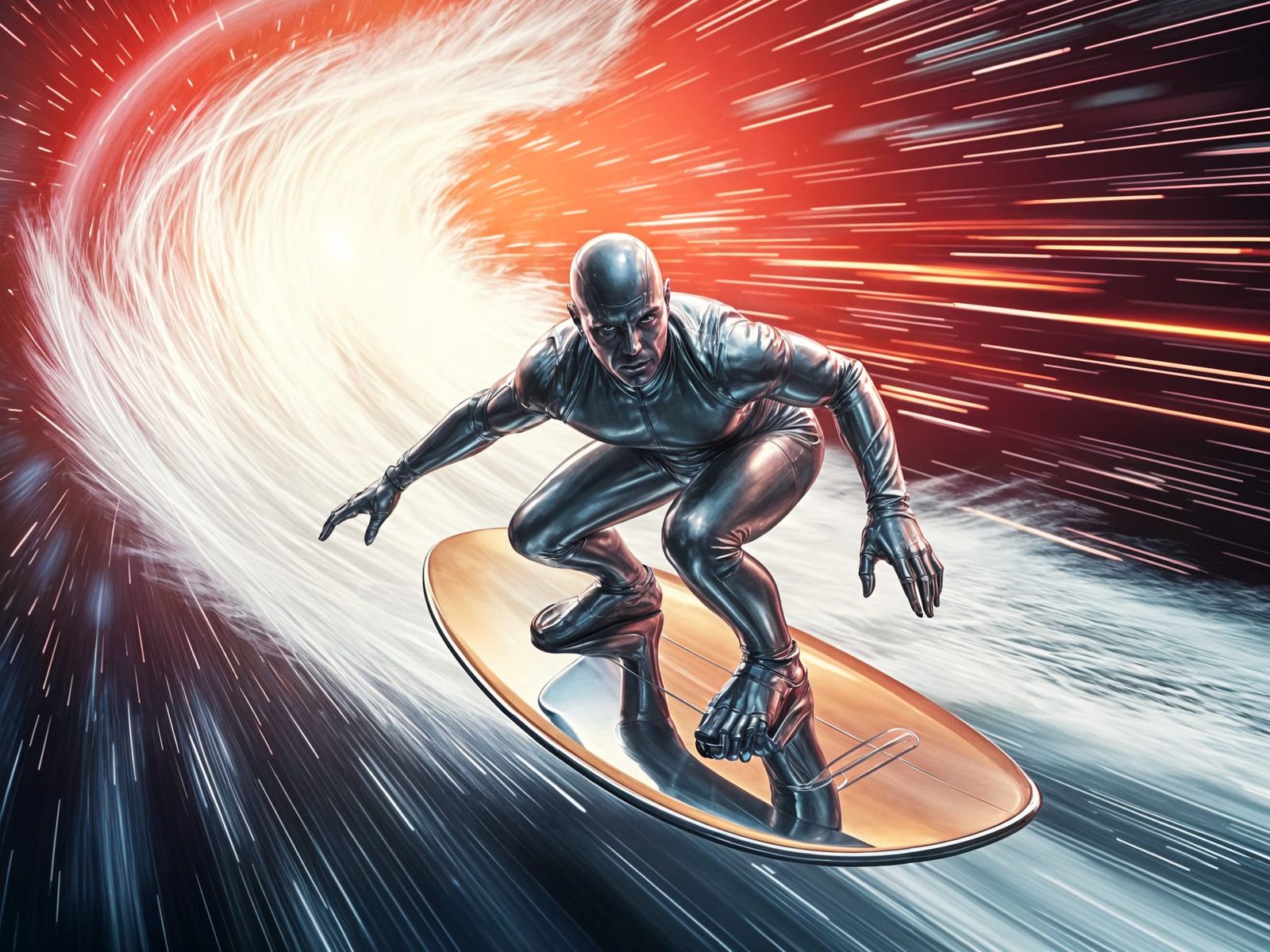 Surreal Hyperrealistic Surfer in Shimmering Space