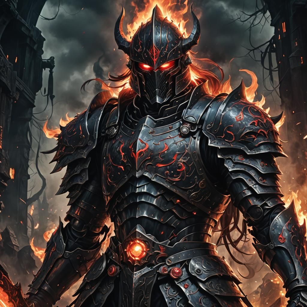 Iron Lord with Bioluminescent Flames in Anime Style