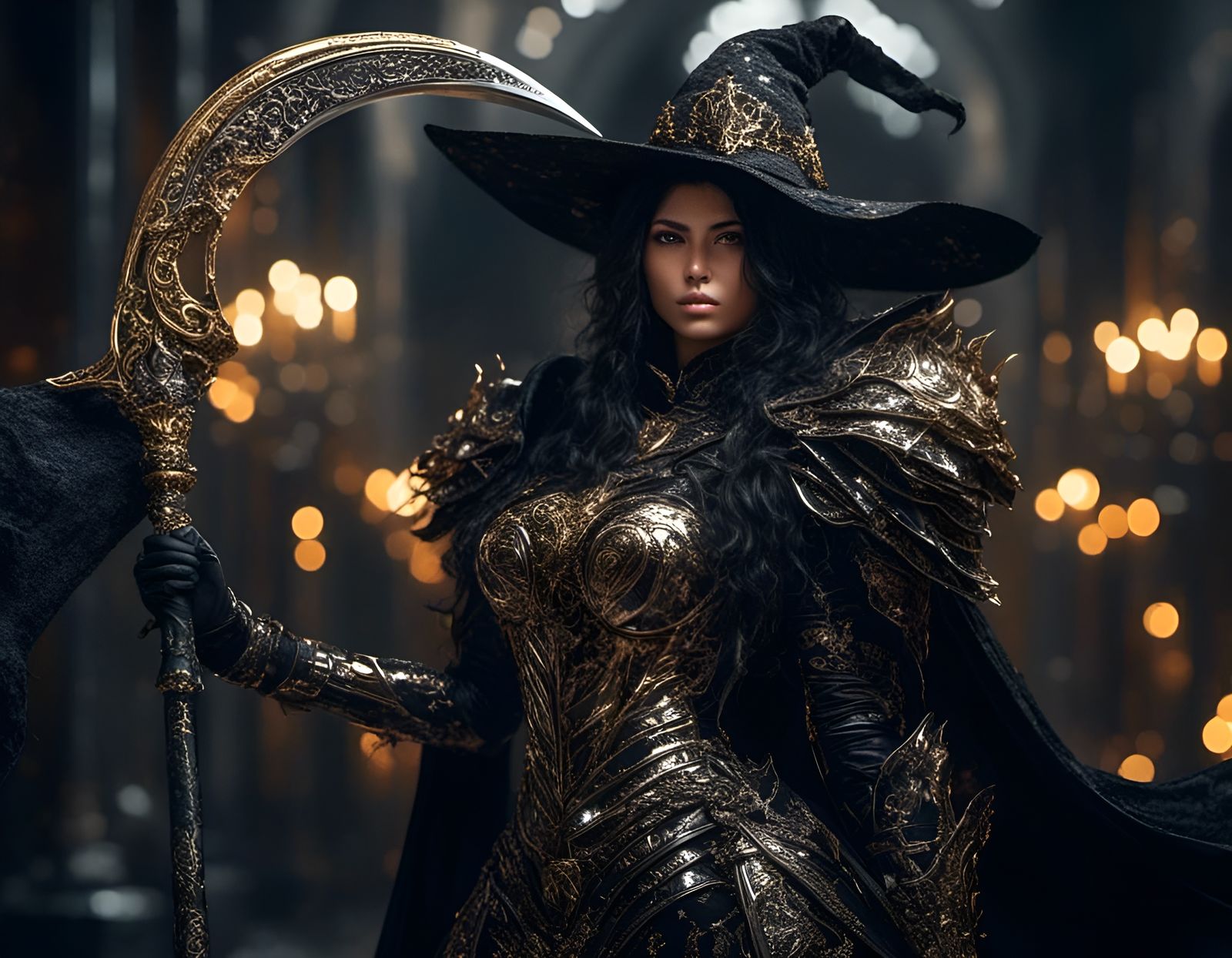 Golden Armored Woman Witch with Scythe