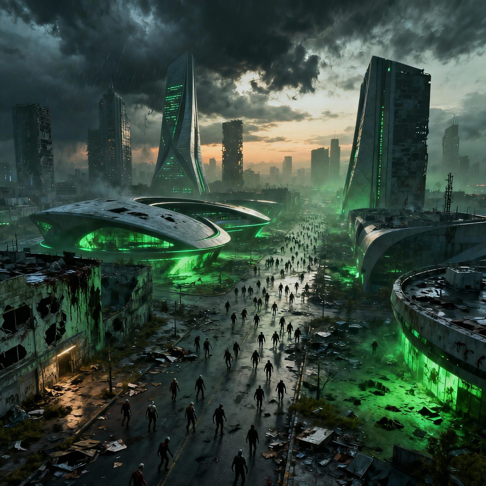 Hyper-Modern City in Ruins After Zombie Attack