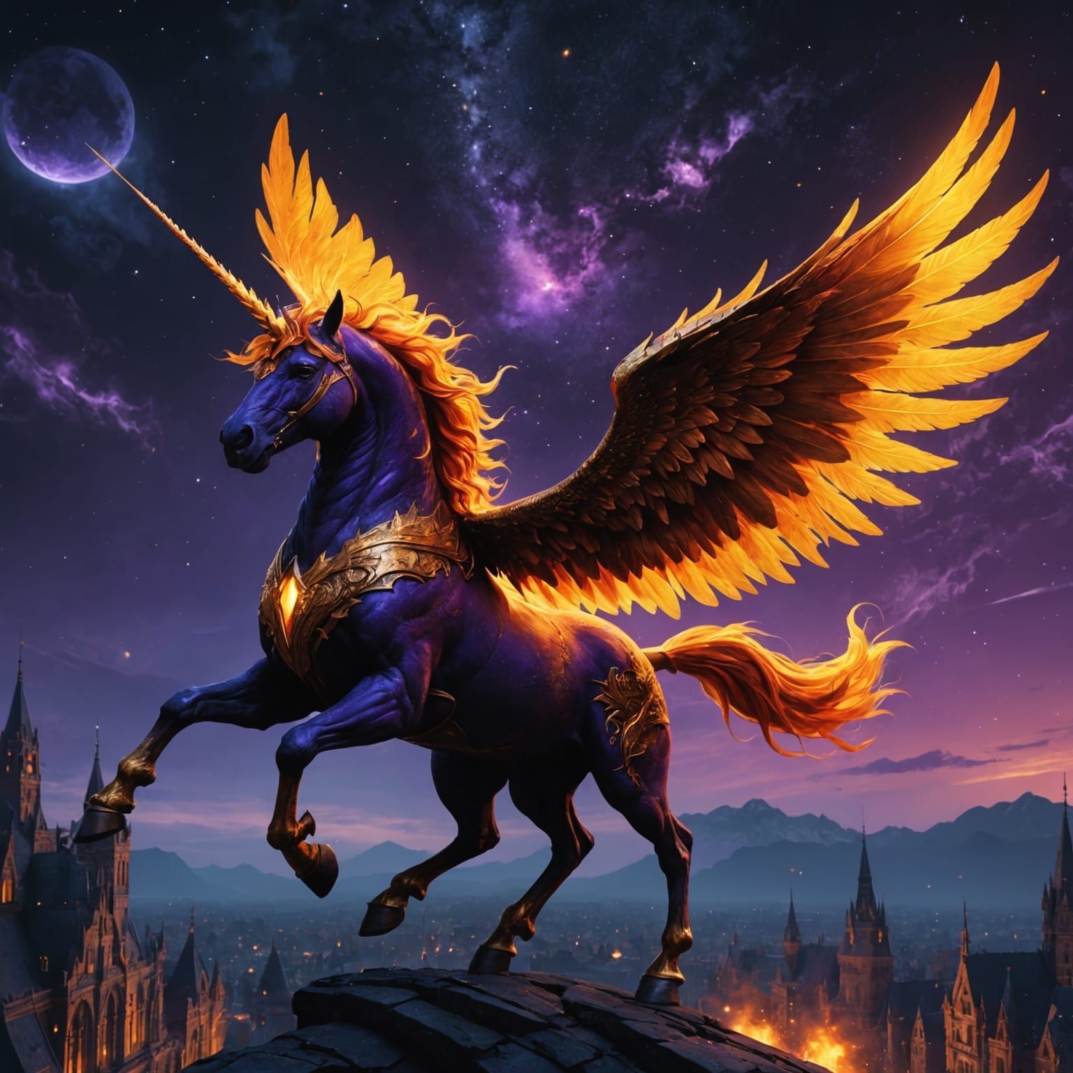 Fiery Alicorn in the Night Sky, Fantasy Art