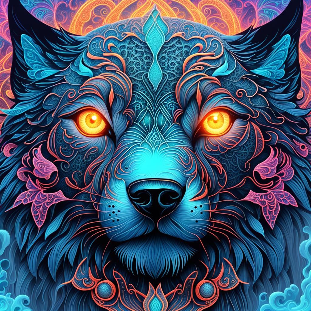 Smiling Cerberus with Neon Eyes in Pop Art Style