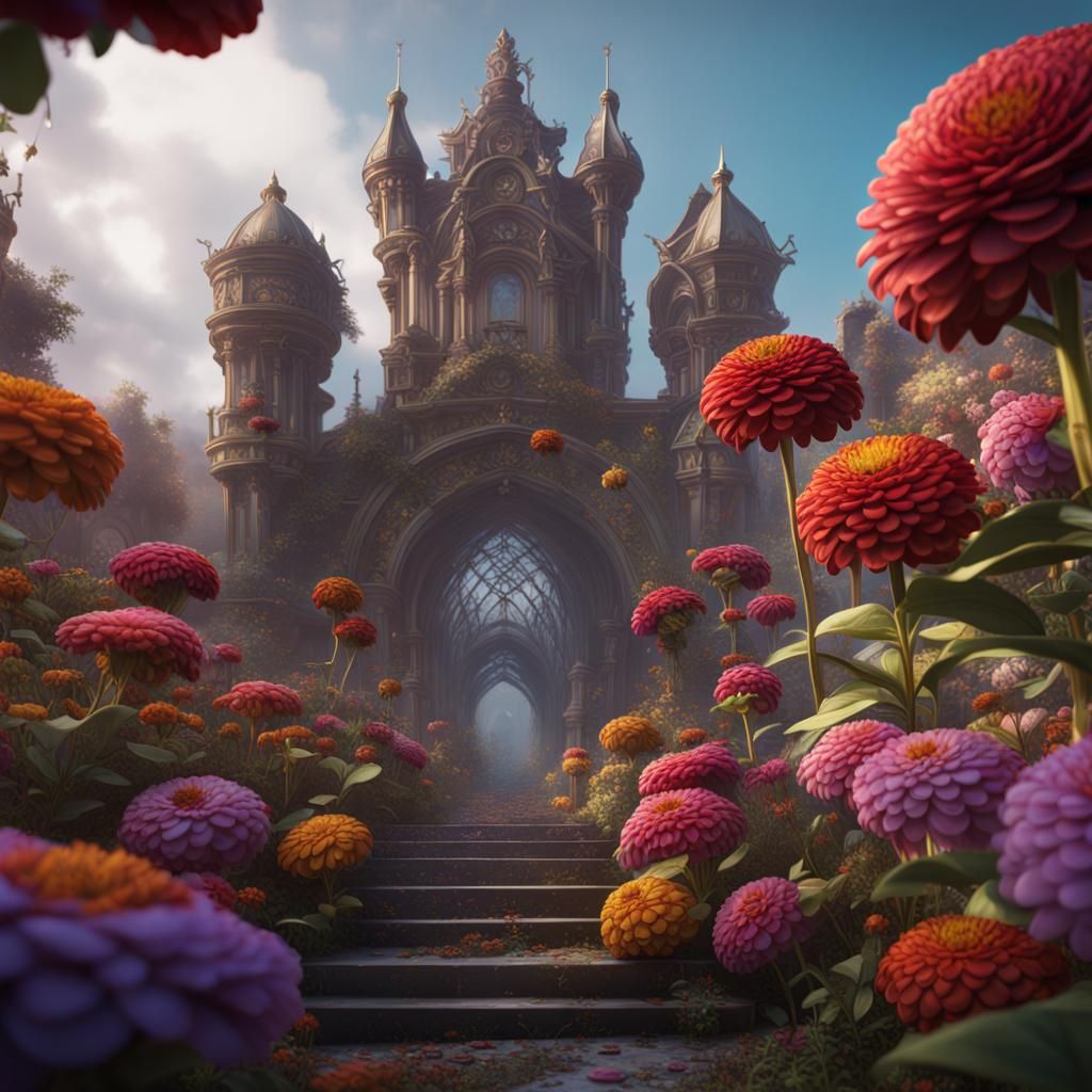 Fantastical Zinnia: Detailed Matte Painting in Deep Color