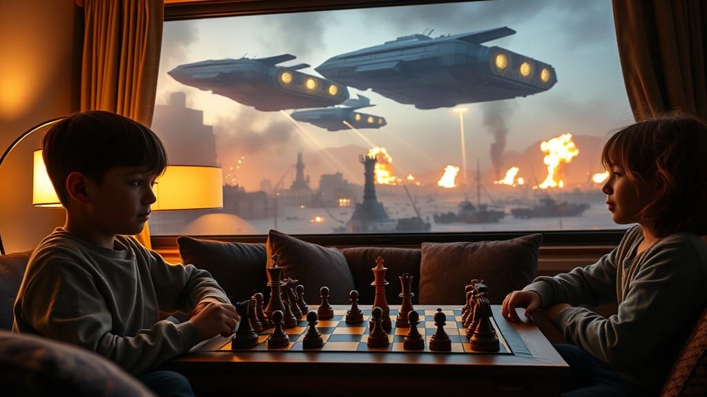 Serene Family Chess Scene with Apocalyptic Skies