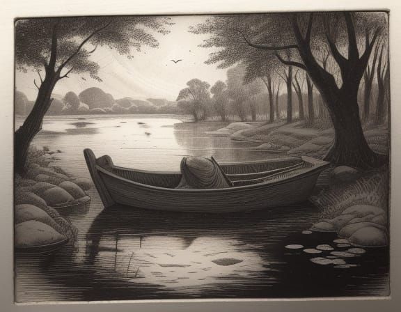 Engraving of Woman Sleeping Peacefully in River
