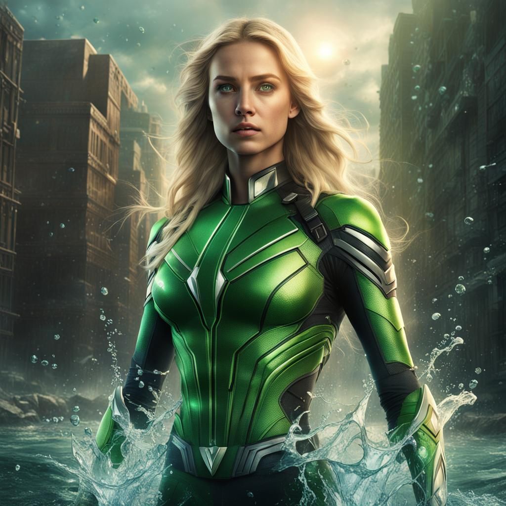 Blonde Superheroine Wields Water Powers: Digital Matte Paint...
