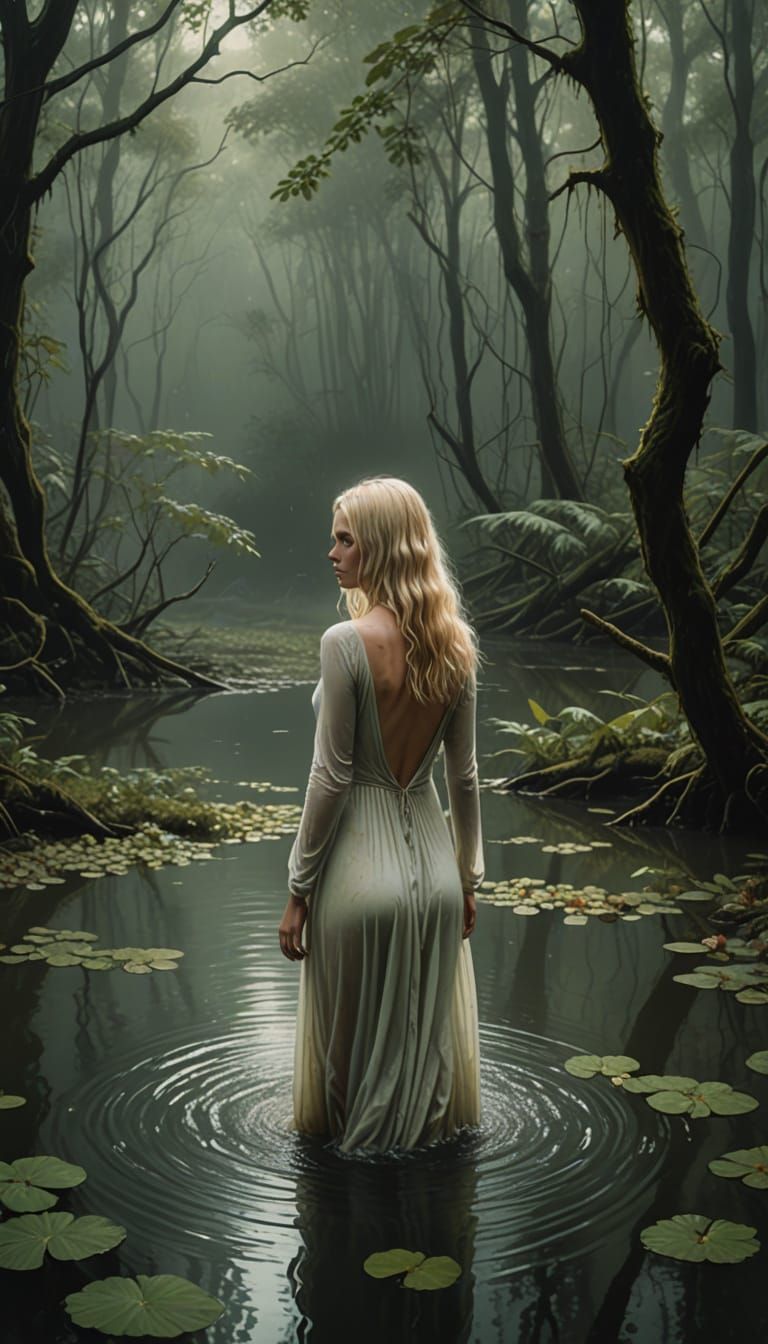 Enchanting Blonde Goddess Emerge from Pond in Dark Rainfores...