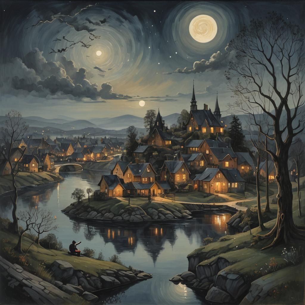 Surreal Night Landscape with Giant Violin