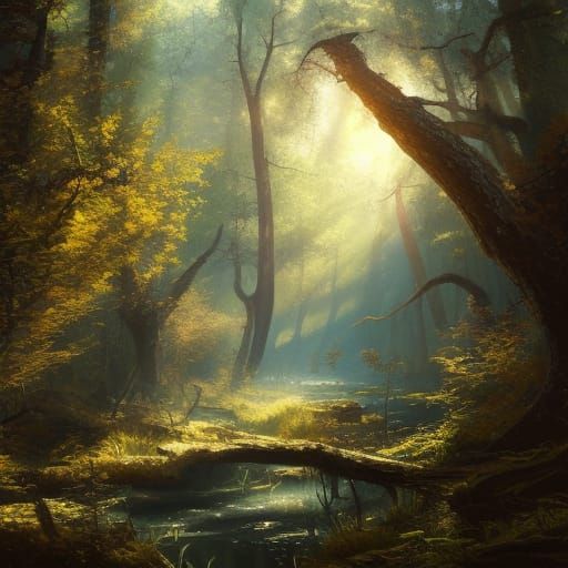 High Gothic Forest and Creek Oil Painting