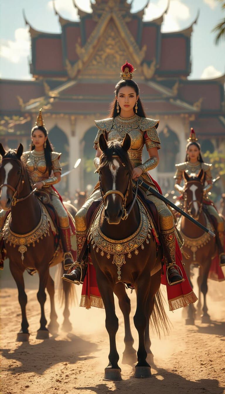 Southeast Asian Princess and Warriors on Horseback