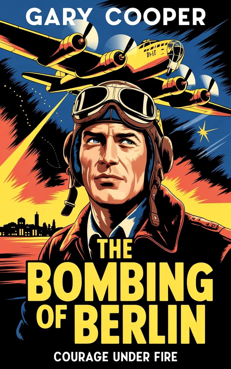 1940s war movie poster,  Gary Cooper in "The Bombing of Berlin", graphic art style of the 1940s