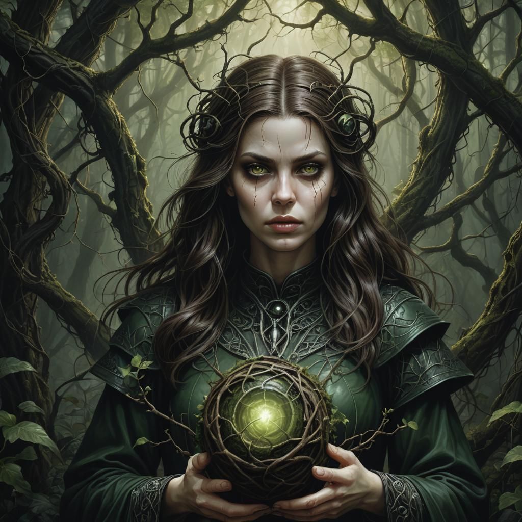 Occultist with Cursed Forest Object in Dark Fantasy Style