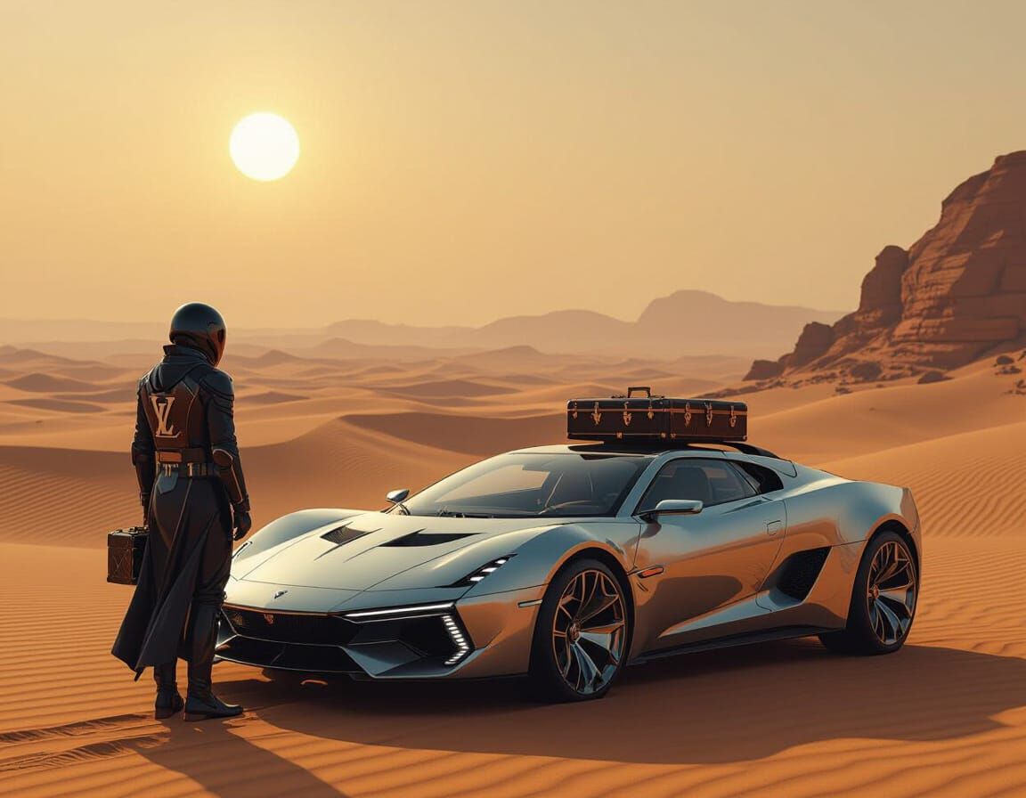 Futuristic Car in Desert Landscape, Hyperrealistic Art