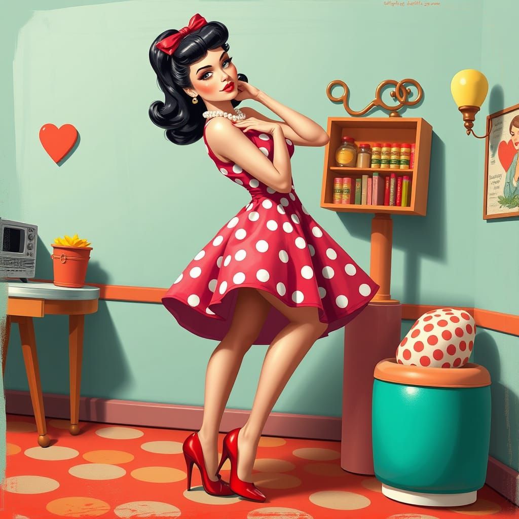 Retro Pinup Girl in Polka Dots, Digital Art