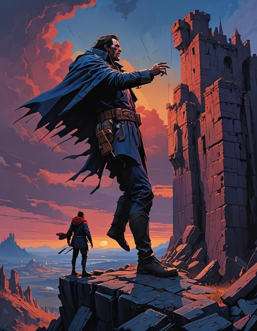 Brooding Hero's Anguished Scream in Ruined Landscape