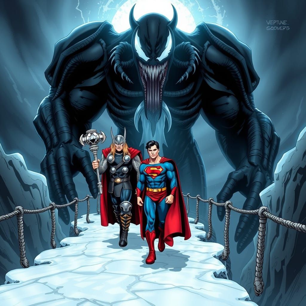 Thor and Superman Stand Firm on Icy Neptune Bridge with Haun...