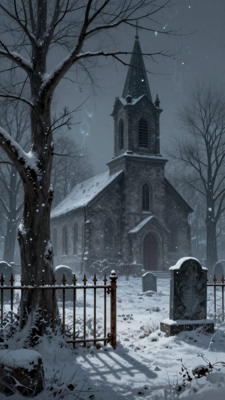 Eerie Snowfall in 1800s Graveyard with Dancing Lights