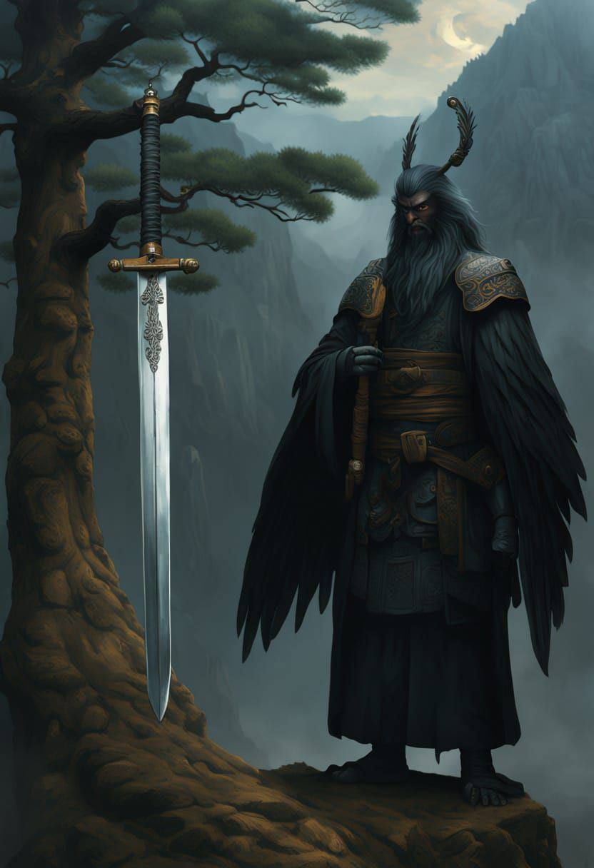 Tsurugi Sword on Ancient Pine, Hyper-Realistic Fantasy