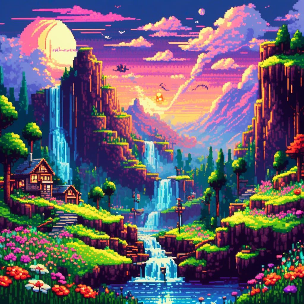 a pixel art portrait of a 5d illuminated landscape, the land...