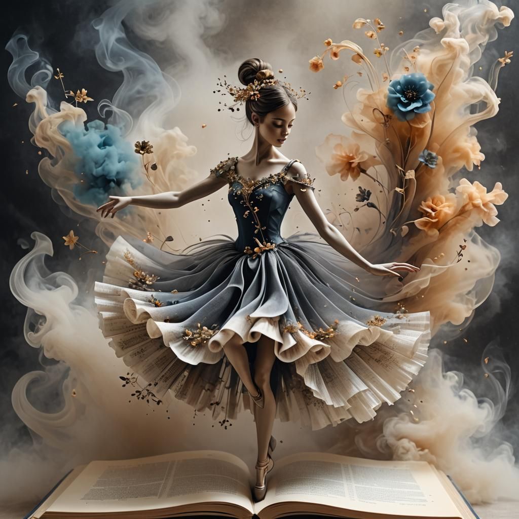 Ethereal Smoke Ballerina Dances in Magical Book