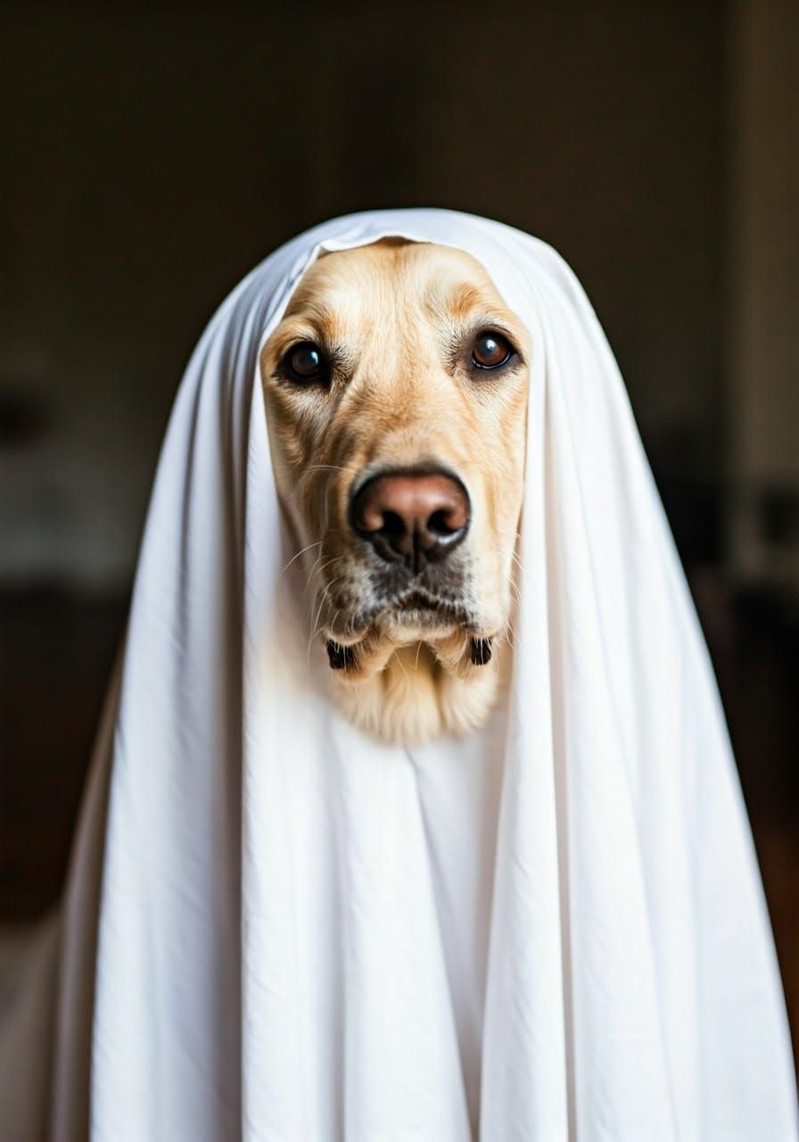 Labrador Dog in Ghost Costume, Photorealistic