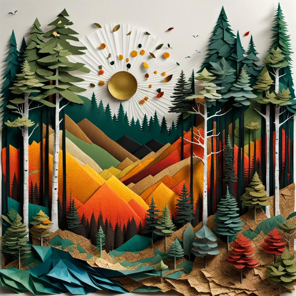 Hyperrealistic Forest Collage with Mixed Media Elements