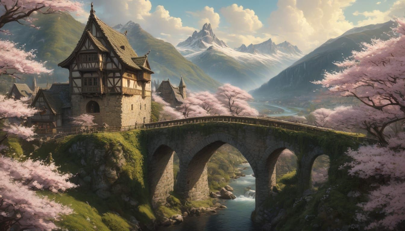 Medieval Castle Bridge High Above River, Cherry Blossoms