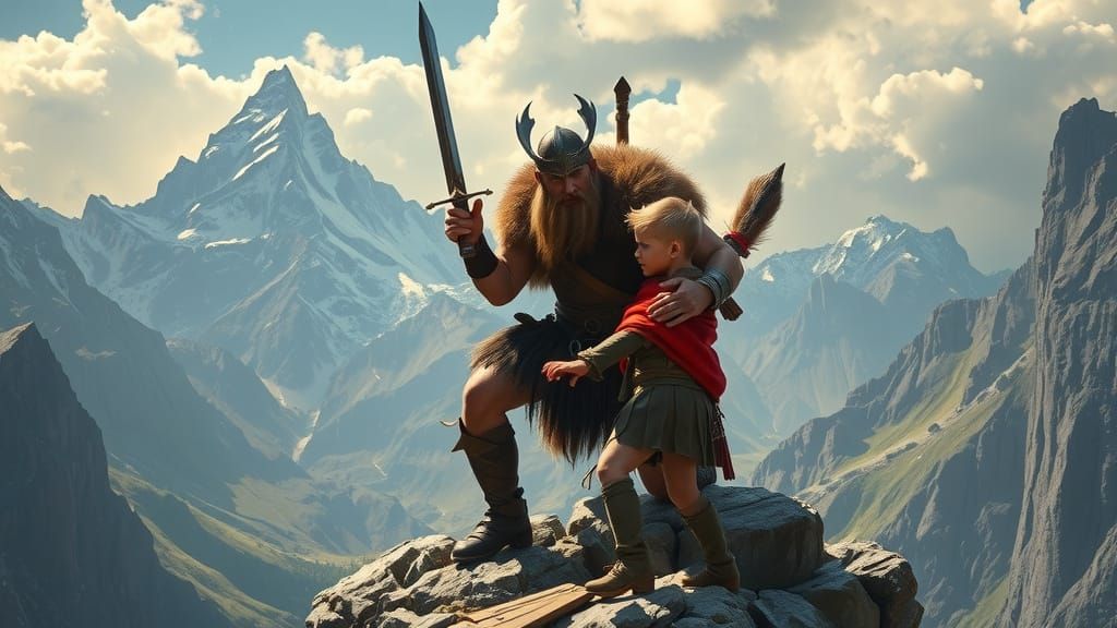 Viking Warrior Training Son in Nordic Landscape