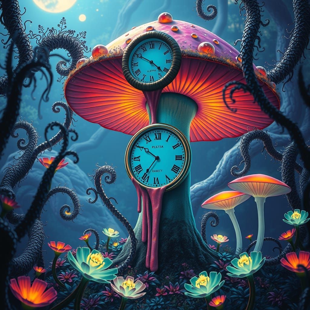 Surreal Melting Clock On Alien Mushroom, Ethereal Glow