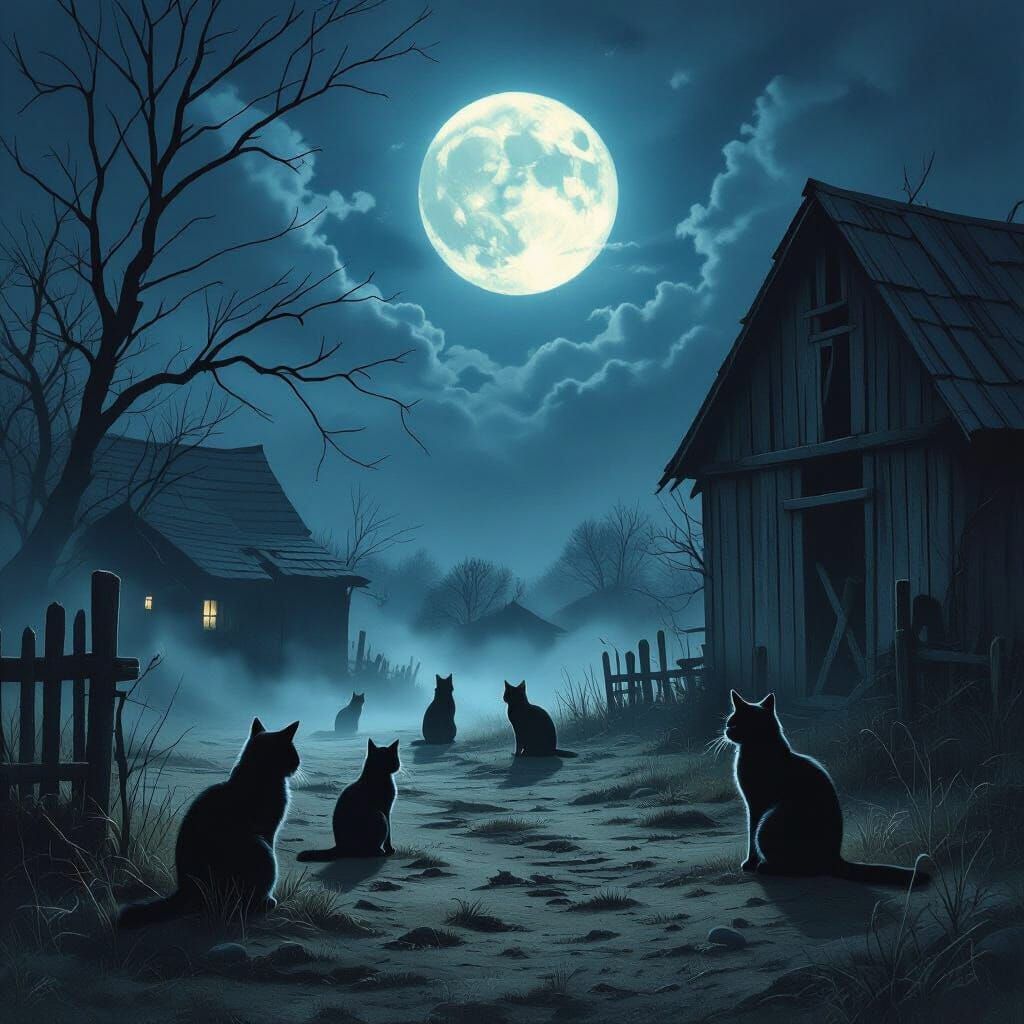 Moonlit Cats on Old Farmyard in Dark Fantasy Style