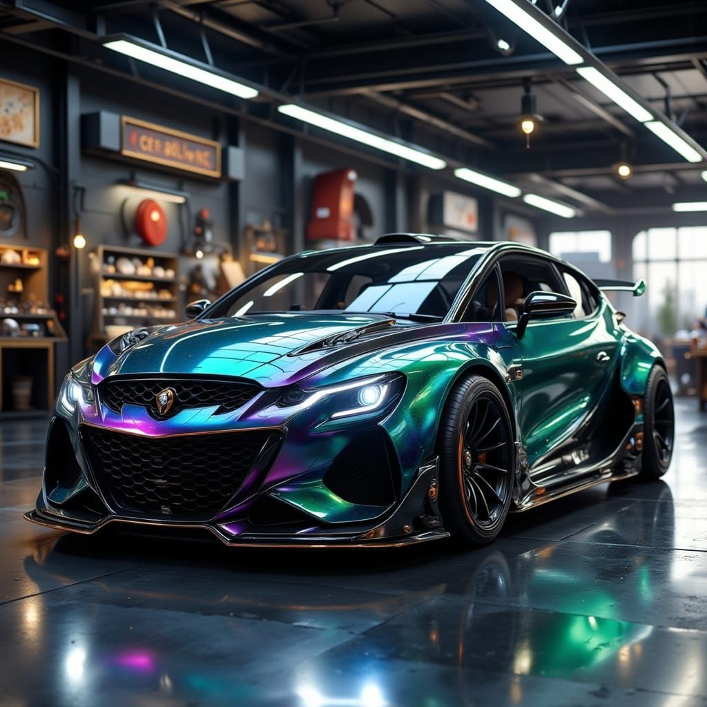 Slammed Concept Car with Spectral Paint in Showroom