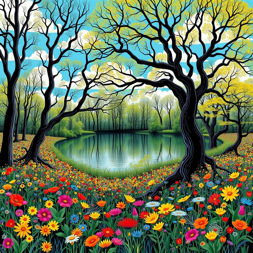 Vibrant Woodland Scene in Op Art Illusion