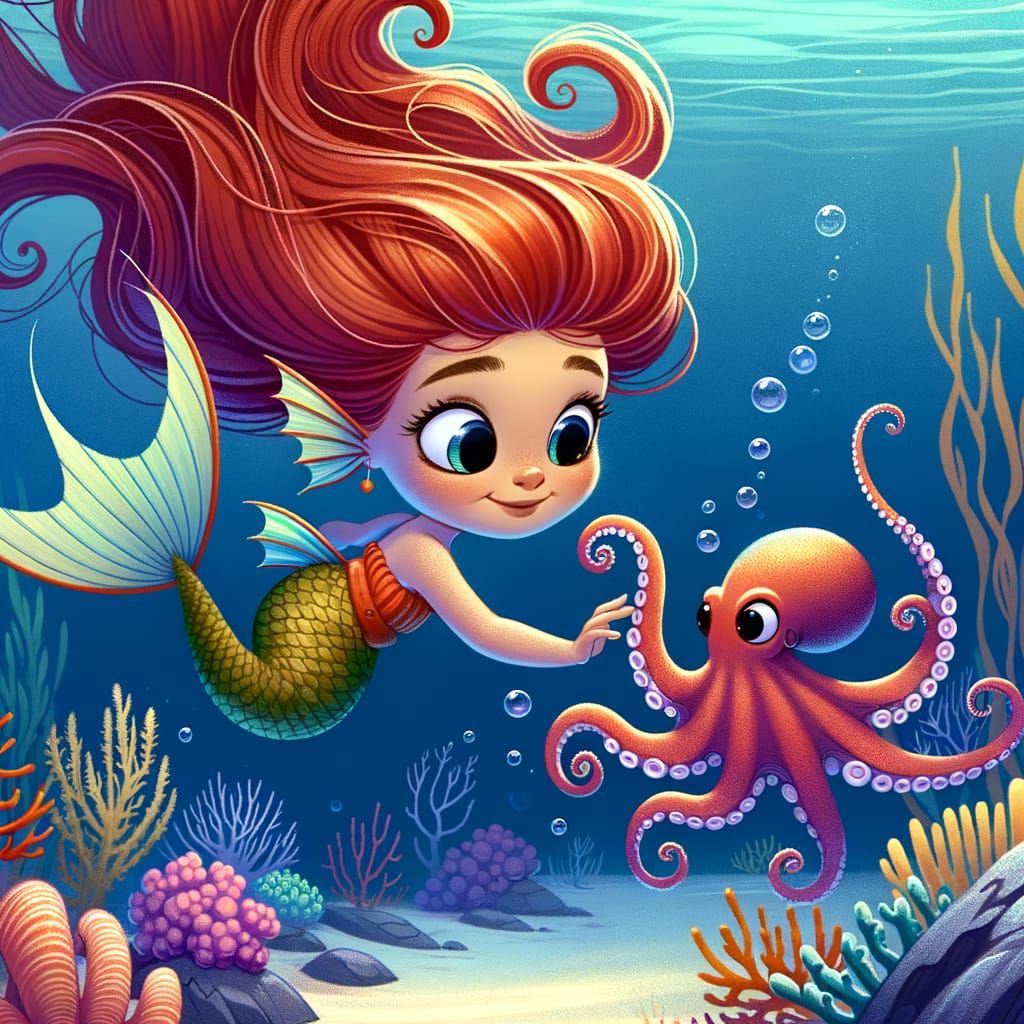 Underwater Girl Plays with Friendly Octopus in Vibrant Coral...