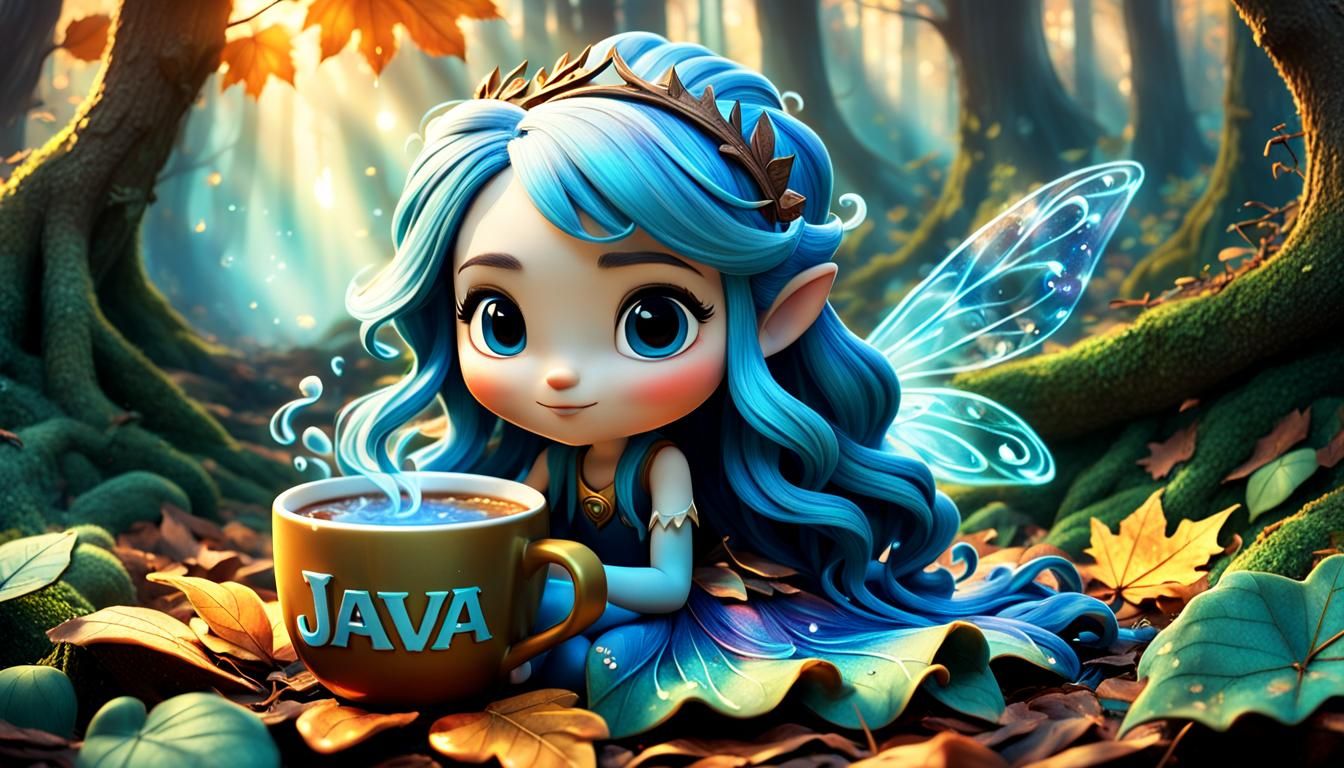 Chibi Fairy with Mug in Enchanted Forest, Pixar Style