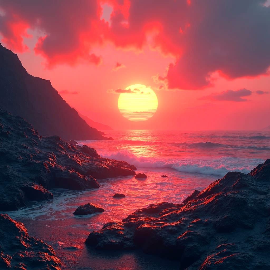 Vibrant Sunset Reflected in Sea, Fantasy Concept Art