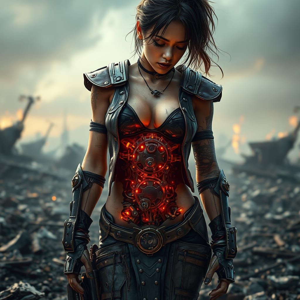 Battle-Scarred Cyborg in Steampunk Style