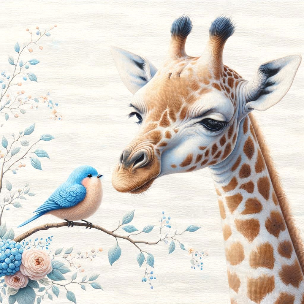 Giraffe and Blue Bird: Adorable Acrylic Painting