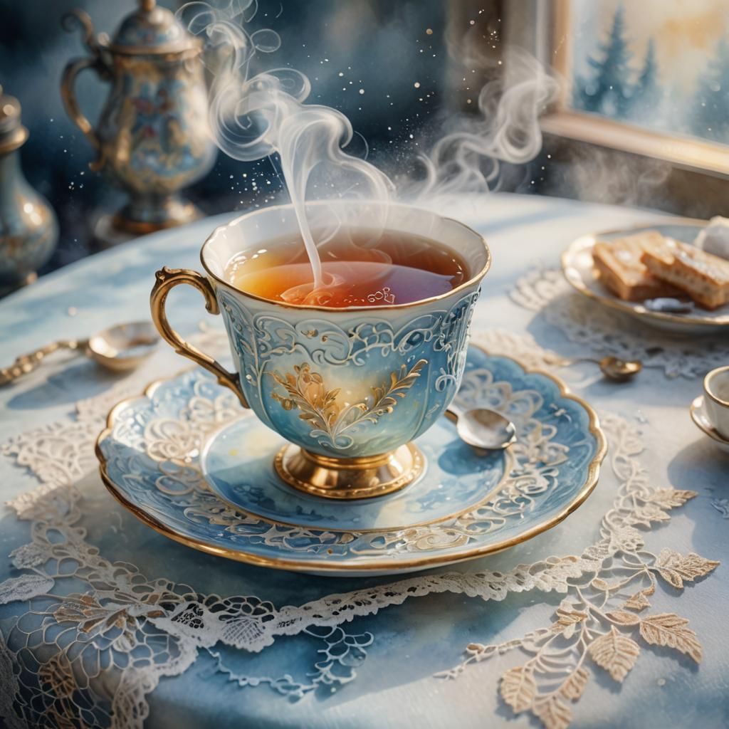 Watercolor Tea Cup in Misty, Dreamy Setting