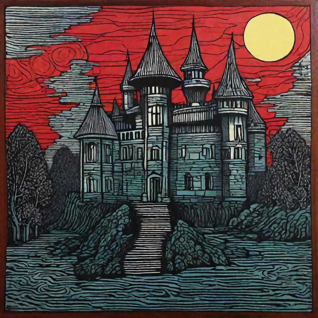 Warlock Castle in Block Print Style