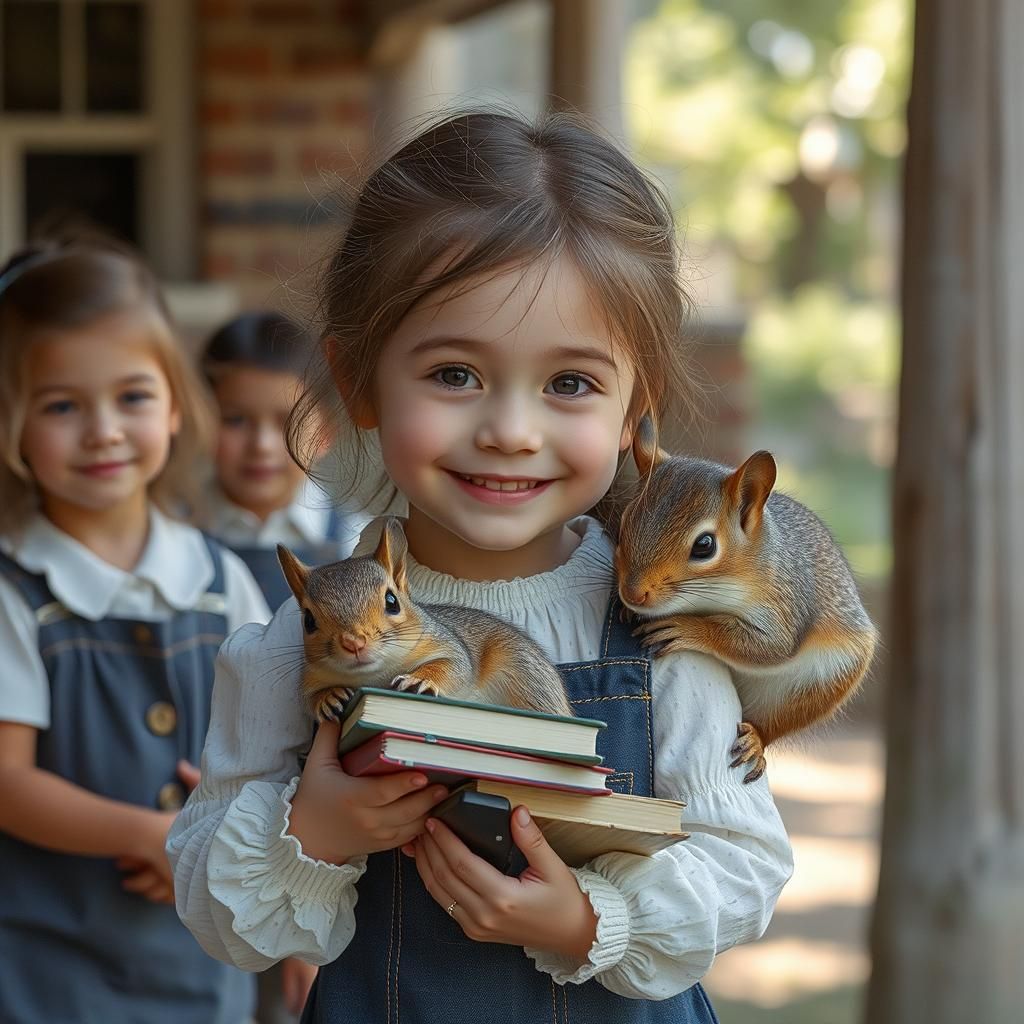Girl with Squirrels Outside School, Canon EOS