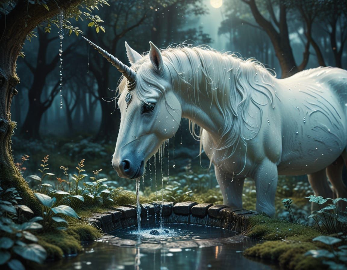 Unicorn Drinks from Magical Well in Watercolor Style
