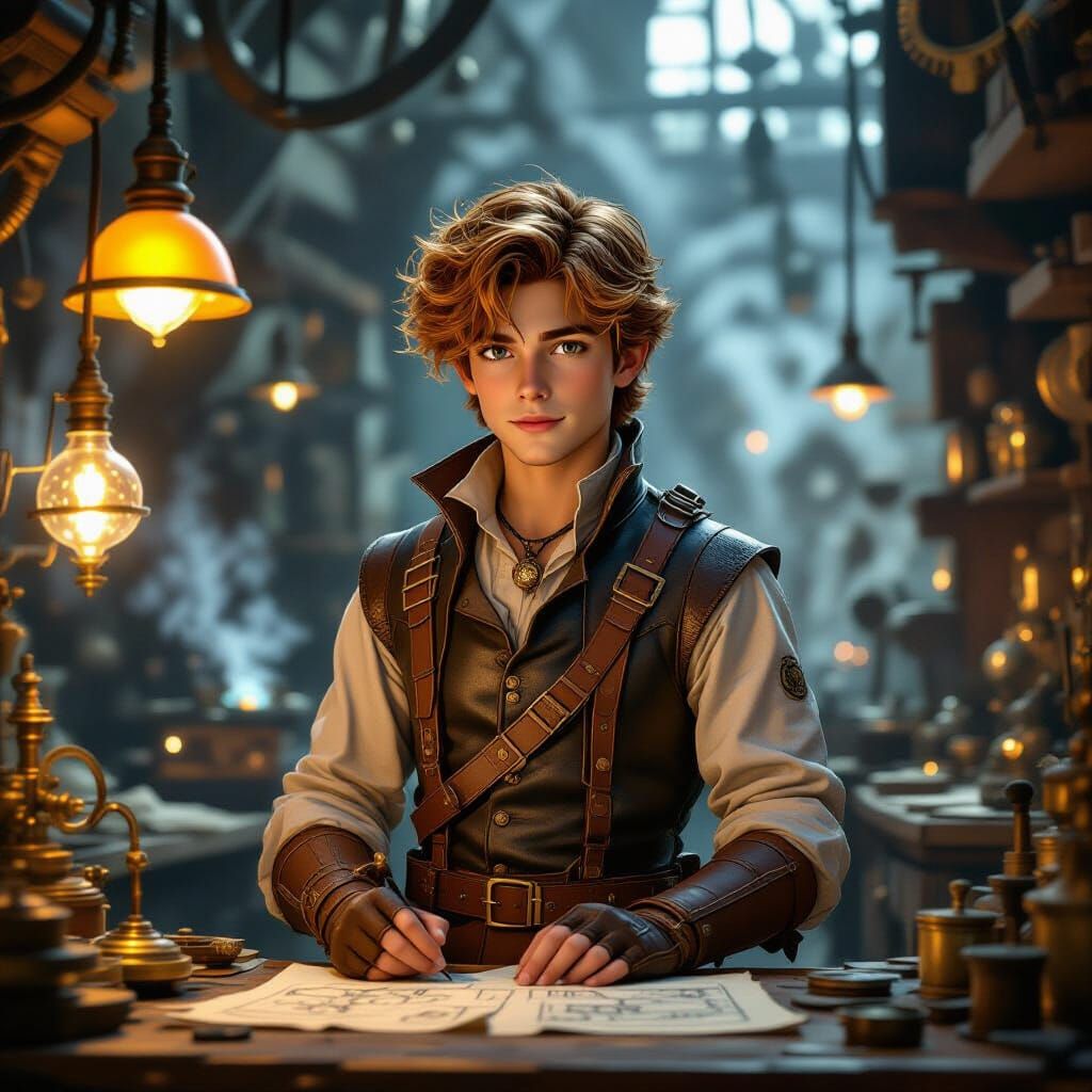 Young Nobleman in Steampunk Workshop, Realistic Anime Style