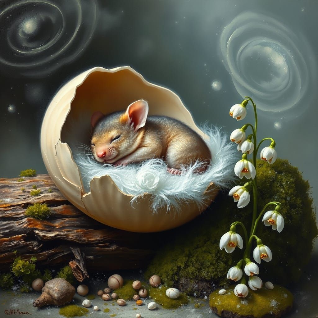 Whimsical Dreamy Impasto Painting of a Sleeping Baby Mouse