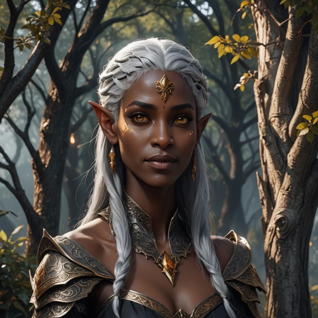 Smiling Dark Elf Woman in Fantasy Art Style