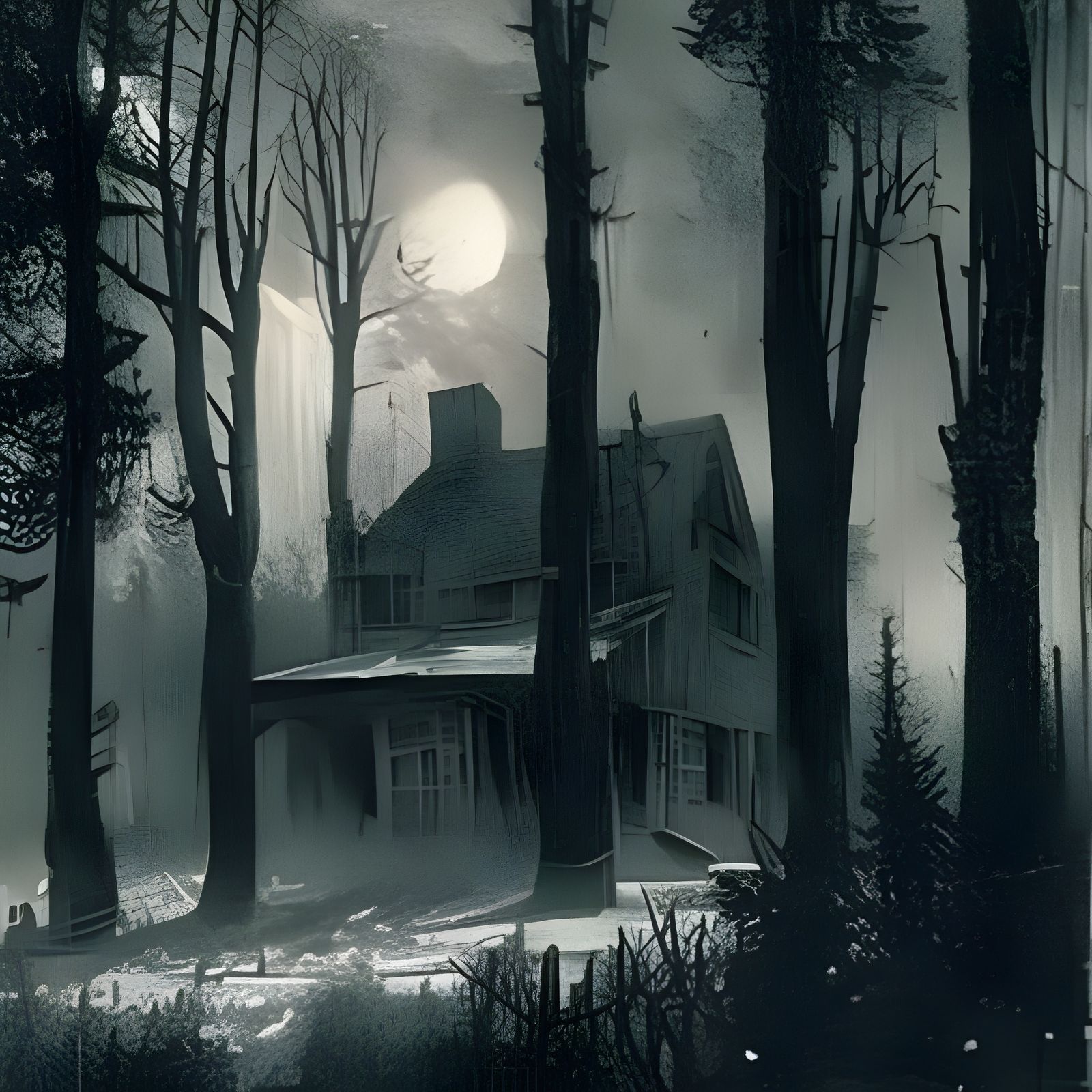 Mysterious Abandoned Manor in a Dark Pine Woodland